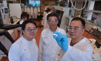Examining the small but mighty solar cell technology set to revolutionise photovoltaics after another world-record efficiency breakthrough are (from left) Dr Peng Chen, Professor Lianzhou Wang and Dr Dongxu He.
